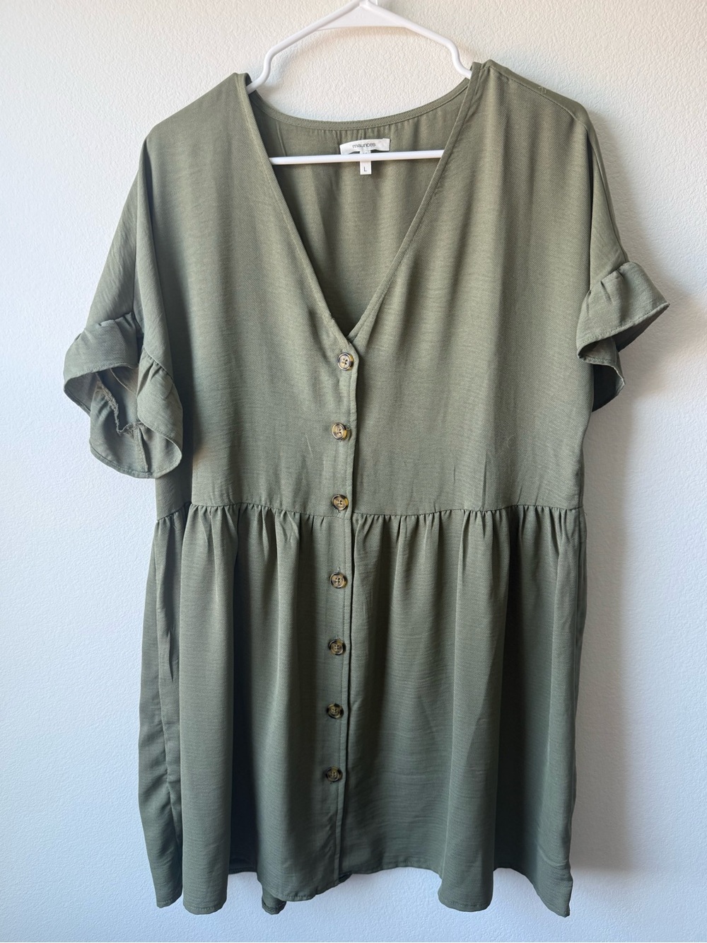 Maurices Olive Button-Front Mini Dress with Flutter Sleeves